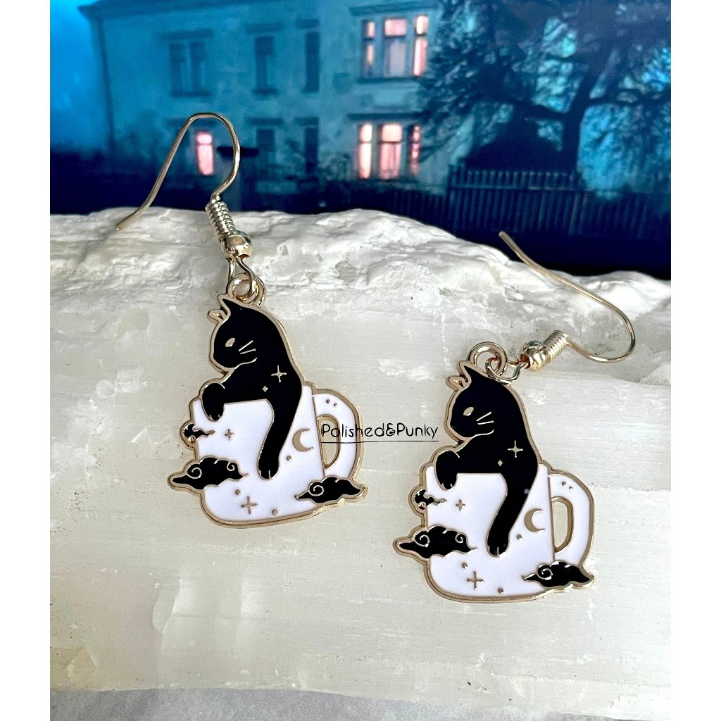 Black Magic Cat In Cup Earrings ~ Unique Earrings ~ Halloween Earrings ~ Box